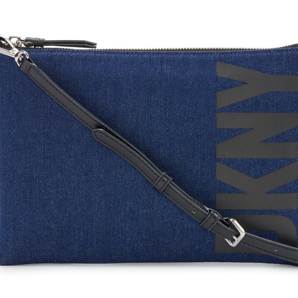 DKNY Blue Tilly Logo Denim Crossbody with Black Strap.